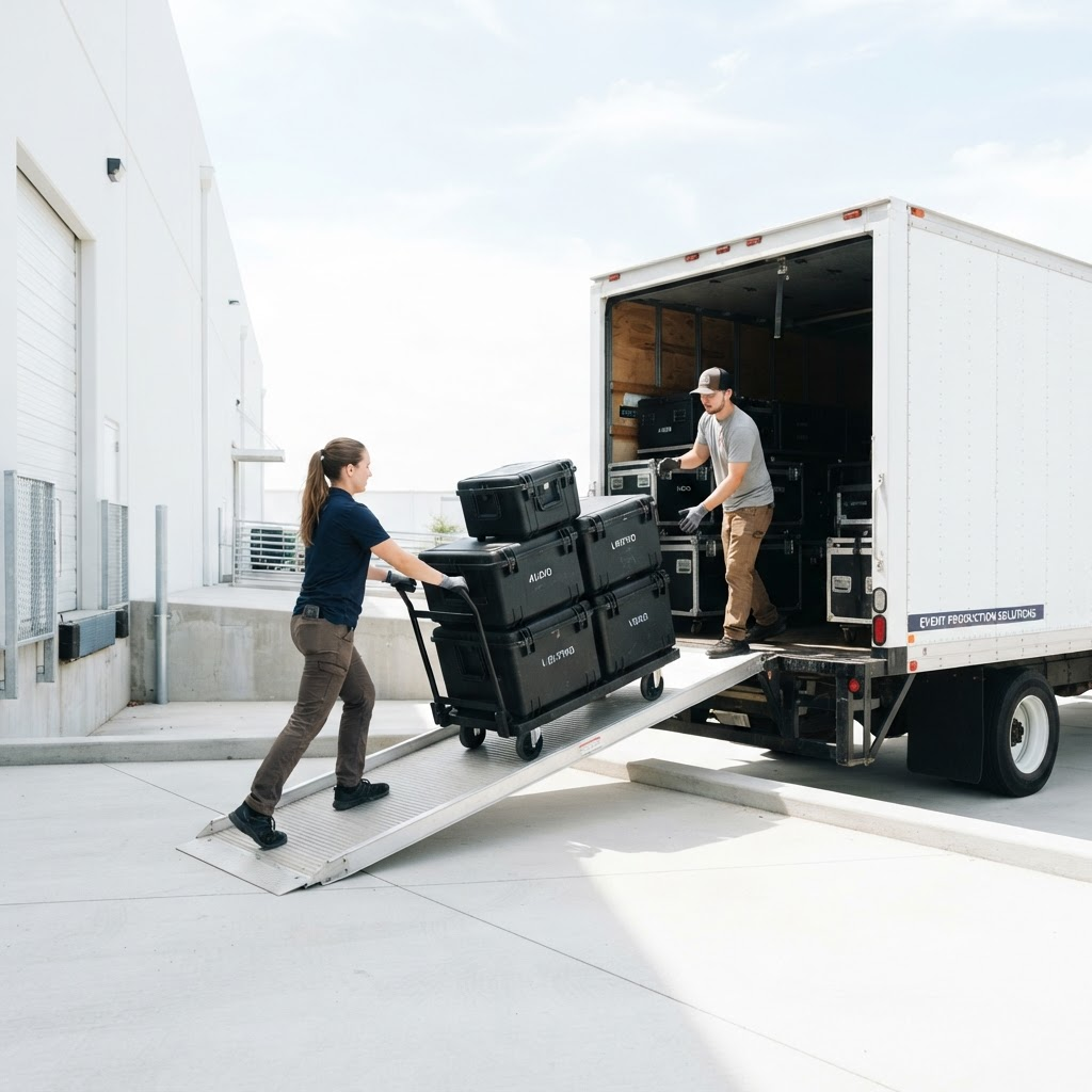 An event production crew loading road cases into a box truck at a loading dock
