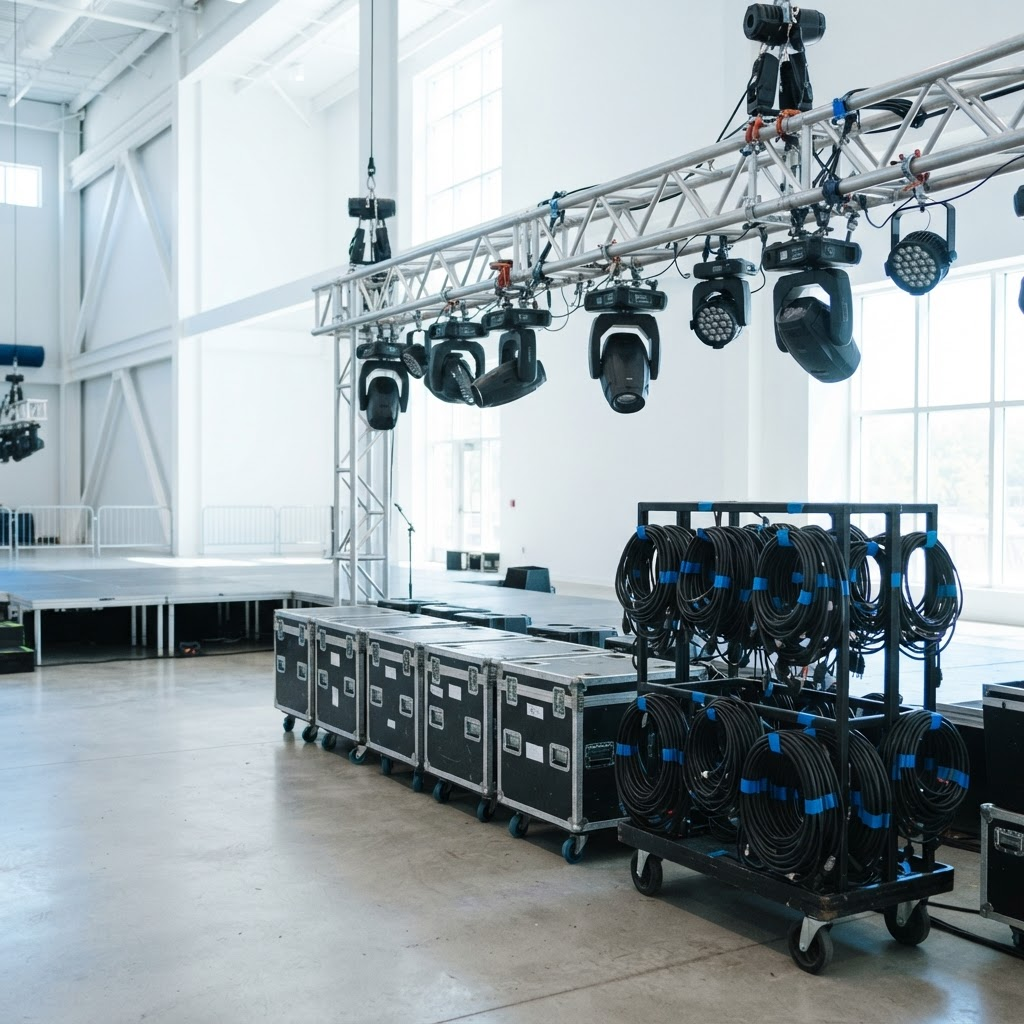 An organized live-event production setup with a lighting truss being rigged and staged road cases in a bright venue
