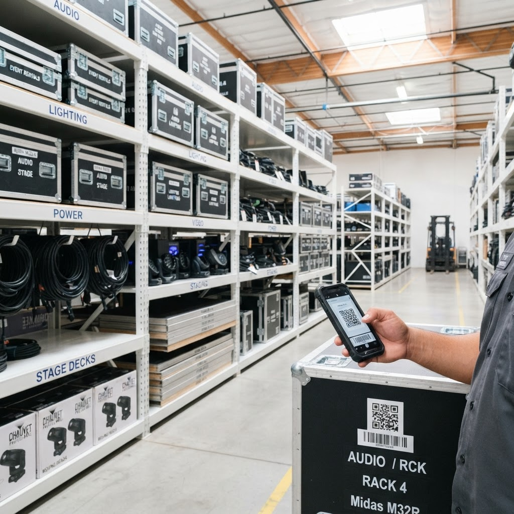 A staff member scanning a barcode label on a road case in an organized event rental warehouse